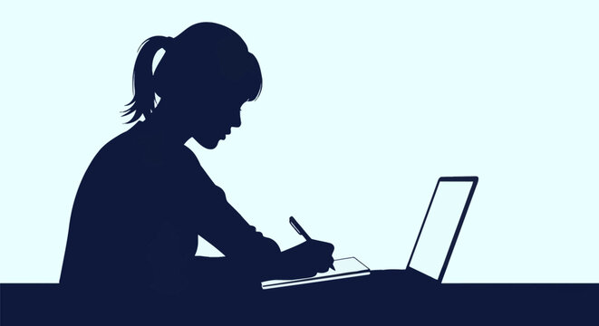 Dark blue silhouette of a female student or office worker with a ponytail writing in a notebook next to an open laptop, minimalist composition on a light background.