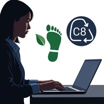 Vector illustration of a woman using a laptop with environmental icons including a green carbon footprint leaf and C8 recycling symbol for sustainability and climate data tracking.