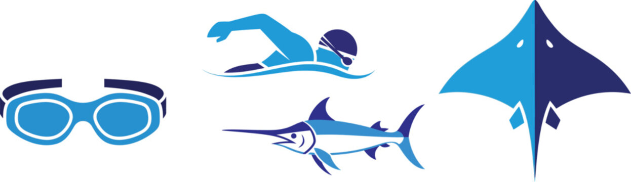 Swimming and sea life graphic icons collection with swimming goggles water sports ocean life sea animals swordfish stingray wildlife minimalist activity recreation creature