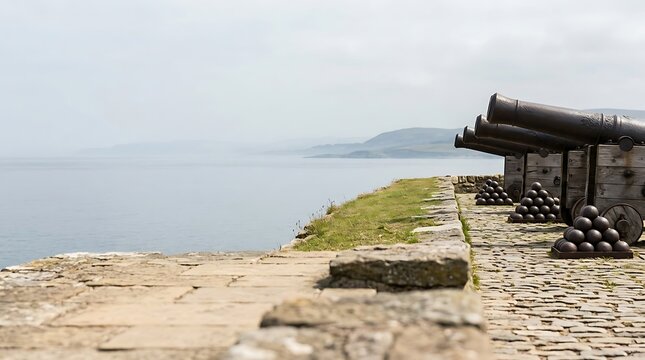 Historic iron cannons on a stone fortress overlooking the sea