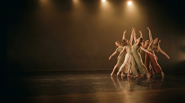 Group of contemporary dancers performing on stage under spotlights