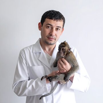 A man in a lab coat holds a monkey