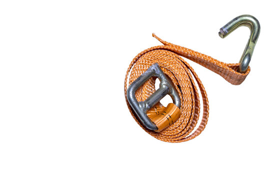 Off-road vehicle recovery equipment featuring a high-visibility orange kinetic snatch strap on a transparent background.