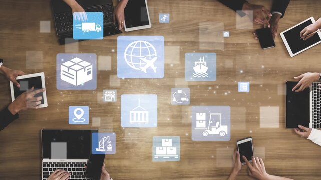 Global shipping icons show transport, loFunnelics, and cargo delivery. Global shipping connects supply chain, global shipping management, and worldwide goods distribution. Funnel