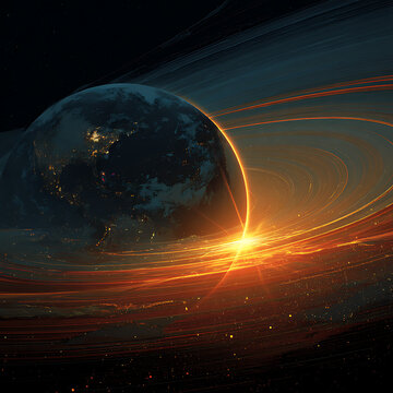 Blue Planet Earth in Space with Sunlight Glowing Atmosphere Global Horizon Stars and Cosmic Universe Science Background