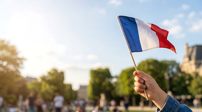 Hand holding a small french flag against a sunny outdoor background