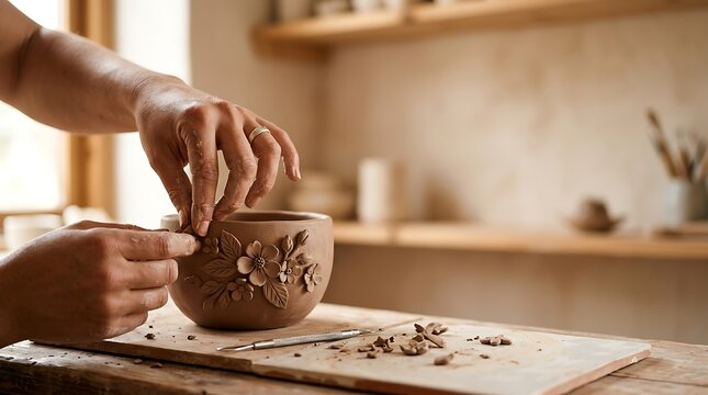 Artisan hands crafting floral details on a ceramic bowl