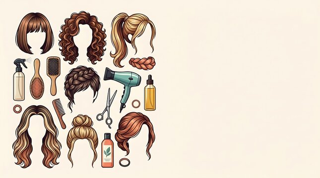 Hairdressing tools and various female hairstyles on beige background