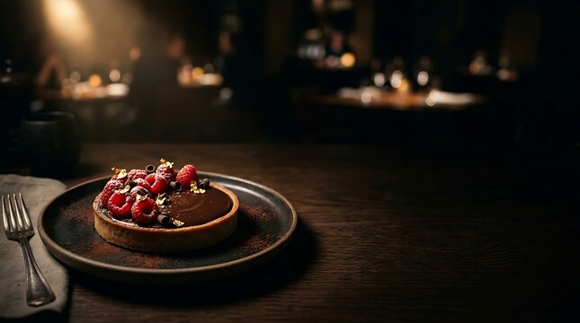 Gourmet chocolate raspberry tart served in a moody restaurant