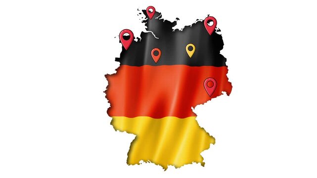 Map of germany with flag colors and location markers on white background