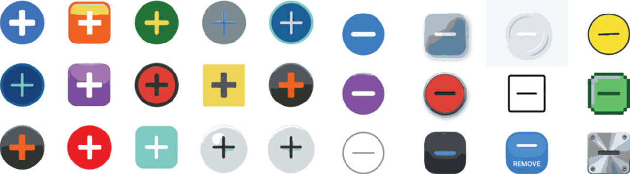 Plus and minus math sign vector bundle with flat colorful web interface zoom control elements