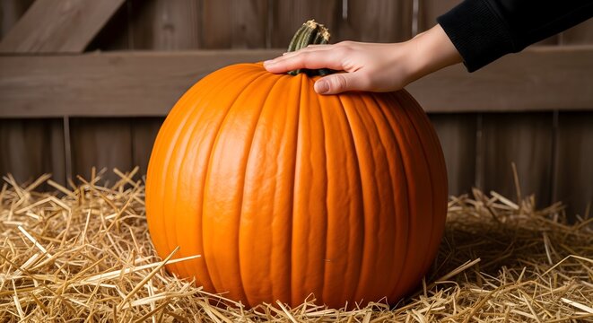 Hand touching a large orange pumpkin on hay in a rustic wooden barn