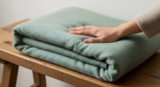 Hand touching a folded soft sage green fleece blanket on wooden bench