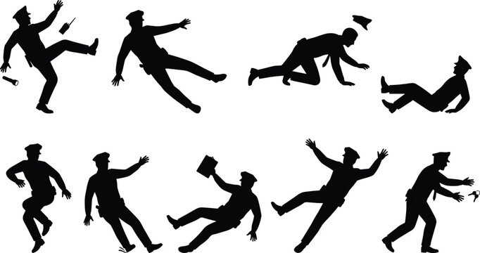 Silhouettes set of police officers slipping, tripping, and falling down, concepts of law enforcement accidents, line of duty injuries, and hazards