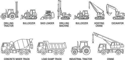 Heavy Construction Machinery Vector Icon Set Featuring Outline Line Art Vehicles with Typography Labels Including Excavator Crane Bulldozer Tractor and Concrete Mixer TruckHeavy Construction Machinery © Sonjoy