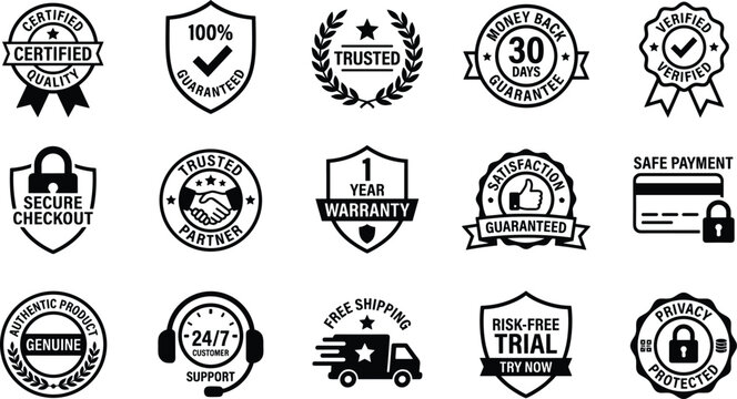 E-Commerce Trust Badge and Security Seal Icon Set with Certified Quality, Secure Checkout, Money Back Guarantee, and Free Shipping Black Silhouette Symbols