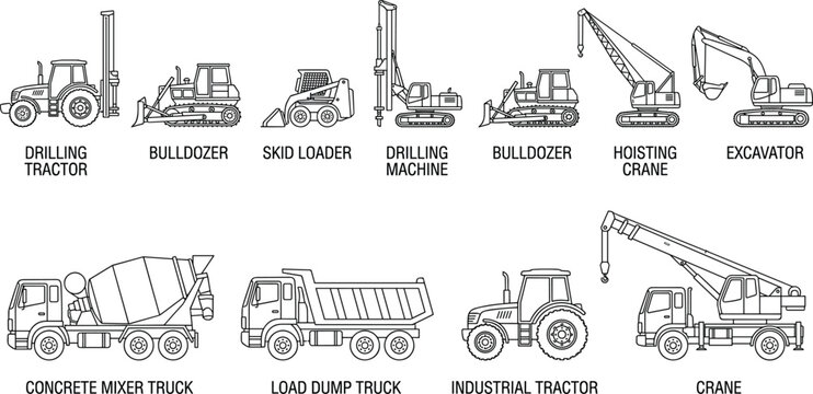 Heavy Construction Machinery Vector Icon Set Featuring Outline Line Art Vehicles with Typography Labels Including Excavator Crane Bulldozer Tractor and Concrete Mixer TruckHeavy Construction Machinery