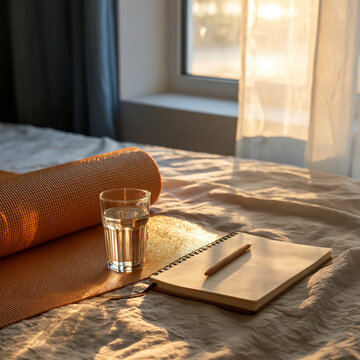 Sunrise morning routine with open curtains warm sunlight stretching mat water glass and journal for circadian wellness lifestyle