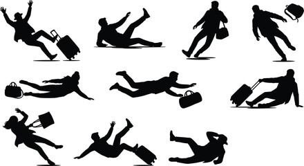 Silhouettes set of travelers slipping, tripping, and falling down with luggage, concepts of travel accidents, tourism hazards, and transit insurance © MH Creative 