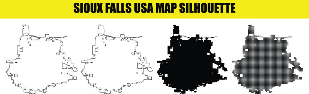 Sioux falls usa map silhouette collection featuring line art solid black and dotted pattern icons for infographics.