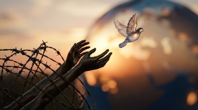 Human hand trapped behind sharp barbed wire reaching toward a soaring dove, demonstrating freedom against person trafficking, global slavery abolition awareness concept.