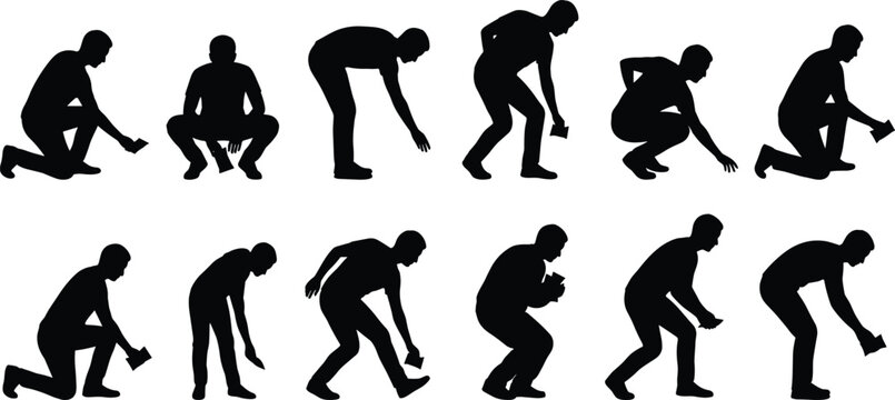 Silhouettes set of men bending down, crouching, and picking up dropped items, concepts of lost property, cleaning, or searching