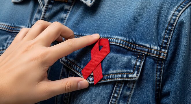 Hand touching red ribbon awareness symbol pinned on blue denim jacket