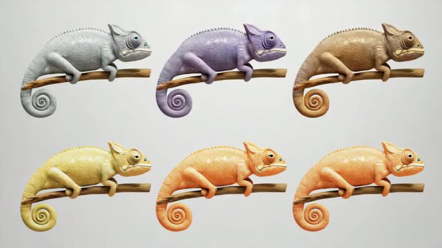 Loopable line of minimalist chameleons color cycling in unison on scrolling moire background. Hypnotic calming design tool tutorial, commercial.