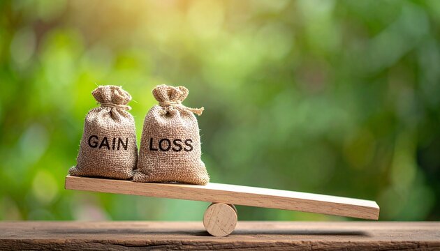 Balanced scale with gain and loss sacks outdoors