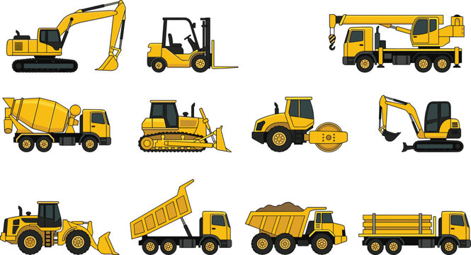 Heavy Construction Machinery Vector Illustration Set Featuring Yellow Flat Line Art Excavators Forklift Crane Truck Cement Mixer Bulldozer Road Roller Wheel Loader and Dump Trucks for Site LayoutsHeav