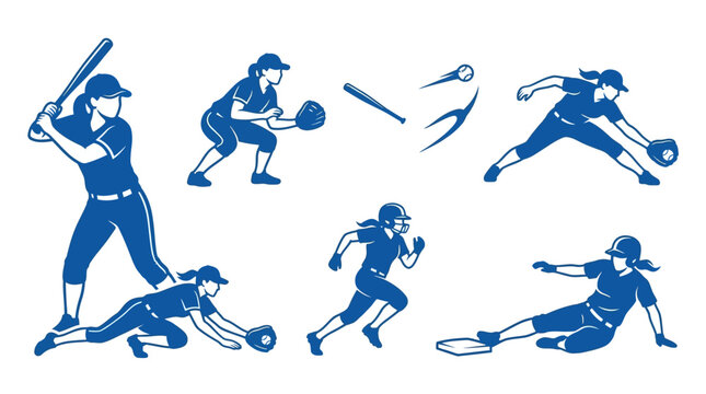 Dynamic softball player silhouette vector collection featuring female athletes in action poses&mdash;batting, pitching, catching, running, and sliding&mdash;for sports, fitness, and competition design projects.