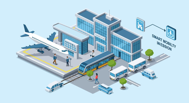Isometric Smart Mobility Hub Concept with Airport Train and Public Transport Integration.