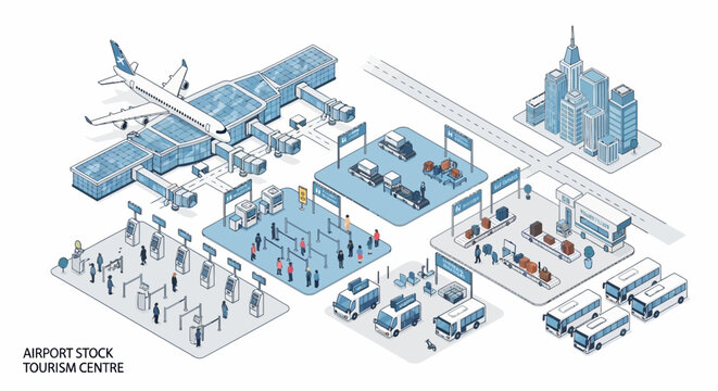 Isometric Airport Tourism Centre Concept with Planes and Buses.