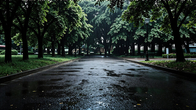 Rain-kissed road in a serene urban park, reflecting nature's beauty after a spring shower