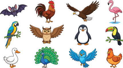 Naklejka premium Cute Cartoon Bird Character Collection Featuring Owl, Penguin, Eagle, Peacock, Parrot, and Flamingo Set for Children Education and Wildlife Design Vector Illustration