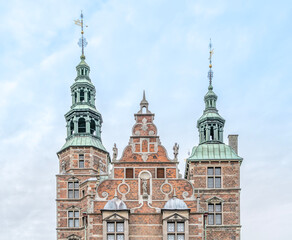 Fototapeta premium Rosenborg Castle Towers and Gable Detail in Copenhagen, Green Copper Spires