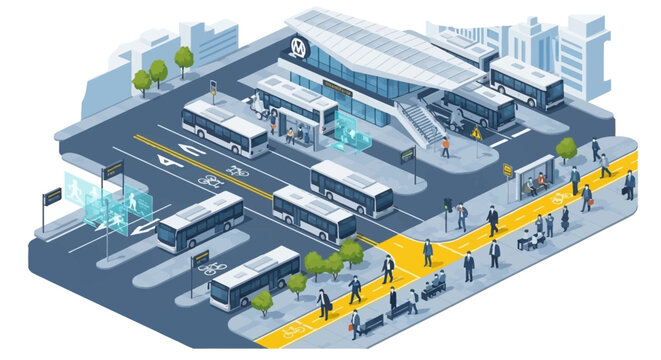 Isometric modern bus station terminal with passengers and city transport infrastructure.