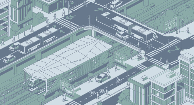 Isometric city street view with buildings and traffic.