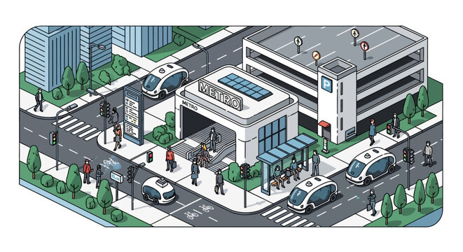 Isometric illustration of a modern urban transit hub with autonomous shuttle buses.