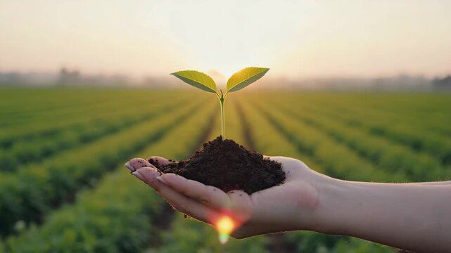 Farmer holding soil with green sprout in hands close-up. Agriculture, gardening or ecology concept
