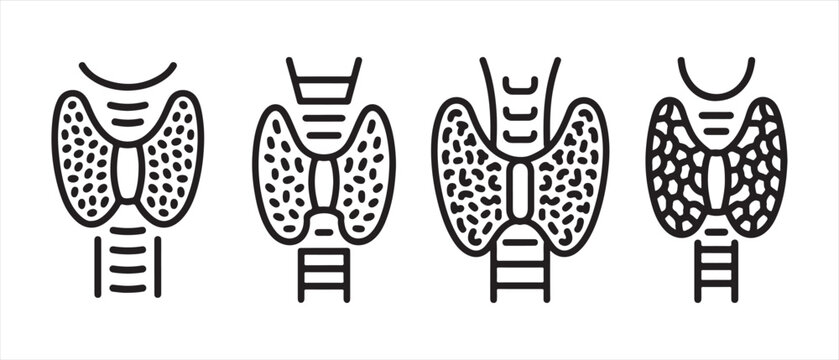 Set of thyroid gland icons showing different stages of health and disease in a clean line art style.