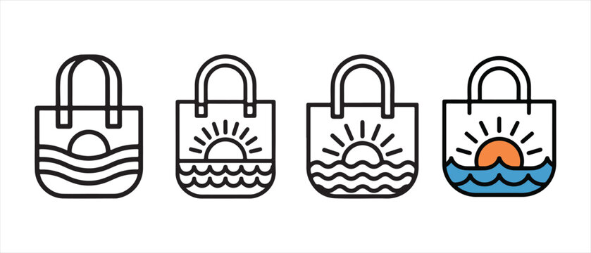 Set of four tote bag icons. with sunset and ocean wave designs in a clean minimalist line art style.