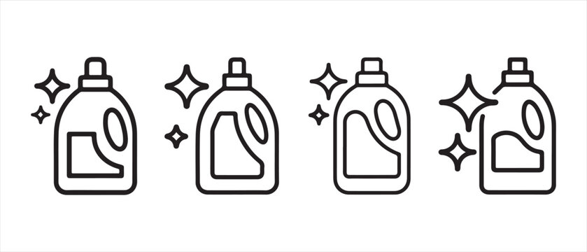 Set of laundry detergent bottle line icons with sparkling stars for cleaning and hygiene concepts.