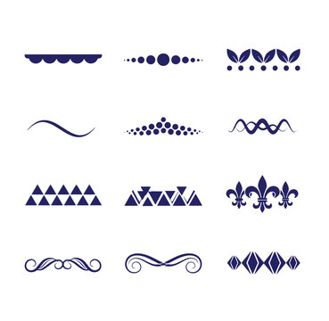 Set of decorative page dividers and flourish ornaments with ornament decorative decoration geometry separator typography calligraphy ornamental collection composition horizontal flourish