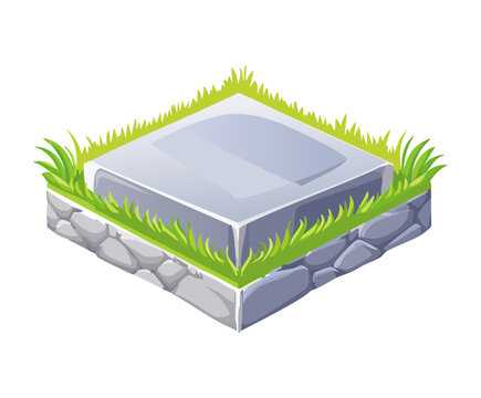 Isometric square stone platform plate with green grass border for tactical RPG map design or strategy game grid construction asset