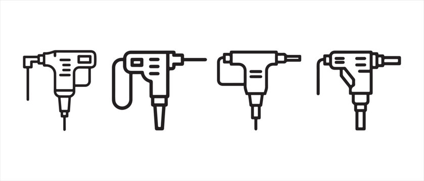 Set of jackhammer and demolition drill icons representing construction tools in a minimalist line art style.