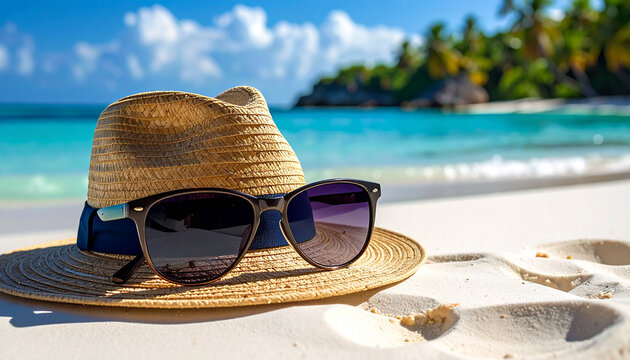 Summer Vacation- A pair of sunglasses and a straw hat resting on a white sand beach