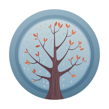 Circular stone emblem framing an autumn tree with small orange falling leaves for fall seasonal holiday poster decoration vector asset