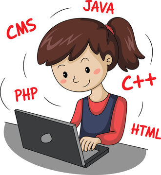 Girl coding on laptop vector illustration, learning programming languages like Java PHP C++ HTML and CMS for education concept