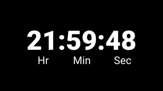 24 Hour Digital Countdown Timer From 24:00:00 To 00:00:00 Fast Time Lapse Clock Animation, Day Timer Countdown Display. 24 hours countdown timer in one minute, One day countdown timer in 60 seconds.
